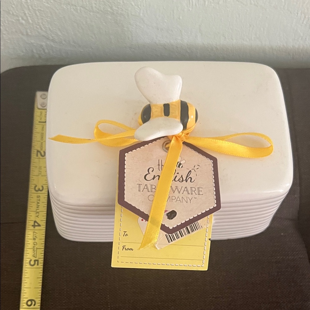 # 0596+ White Butter Dish with Yellow Bee Accent - Picture 5 of 8